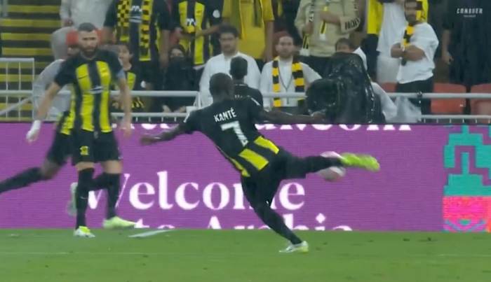 N'Golo Kante pictured volleying the ball to score a spectacular goal for Al-Ittihad in a 3-0 win over Auckland City at the 2023 FIFA Club World Cup